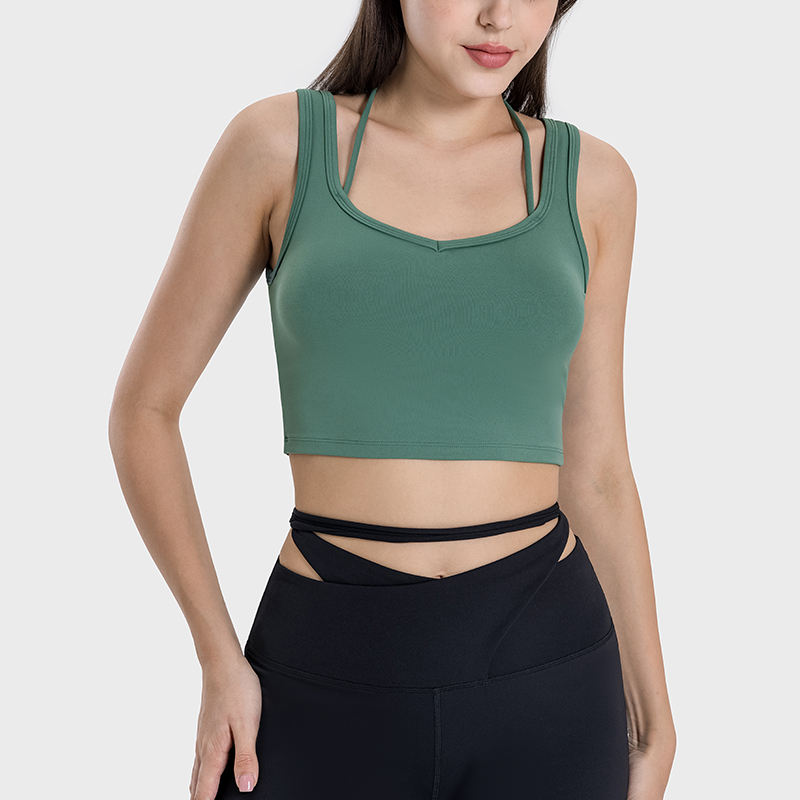 Wholesale Durable Top Cross Back Halter Neck Double Strap Padded Moisture Wicking Women's Crop Tank for Yoga Active Wear