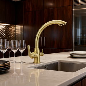 ก๊อกน้ำหรูหรา ปราศจากสารตะกั่ว สแตนเลส 304 แบบสามทาง น้ำร้อน น้ำเย็น น้ำกรอง สำหรับอ่างล้างจานในครัว แบบรูเดียว - Product Image 3