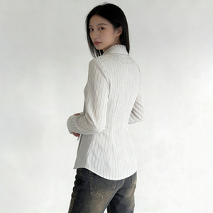 European and American Style Women's Woven Button Shirt 2025 Autumn Casual Office Wear Striped <b>Tie</b>-Front Long Sleeve Blouse - Product Image 4