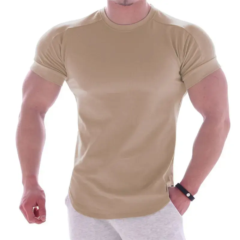 Venta al por mayor de algodón Spandex en blanco elástico Fitness hombres Slim Fit camiseta músculo ajustado gimnasio camiseta con dobladillo Curvo