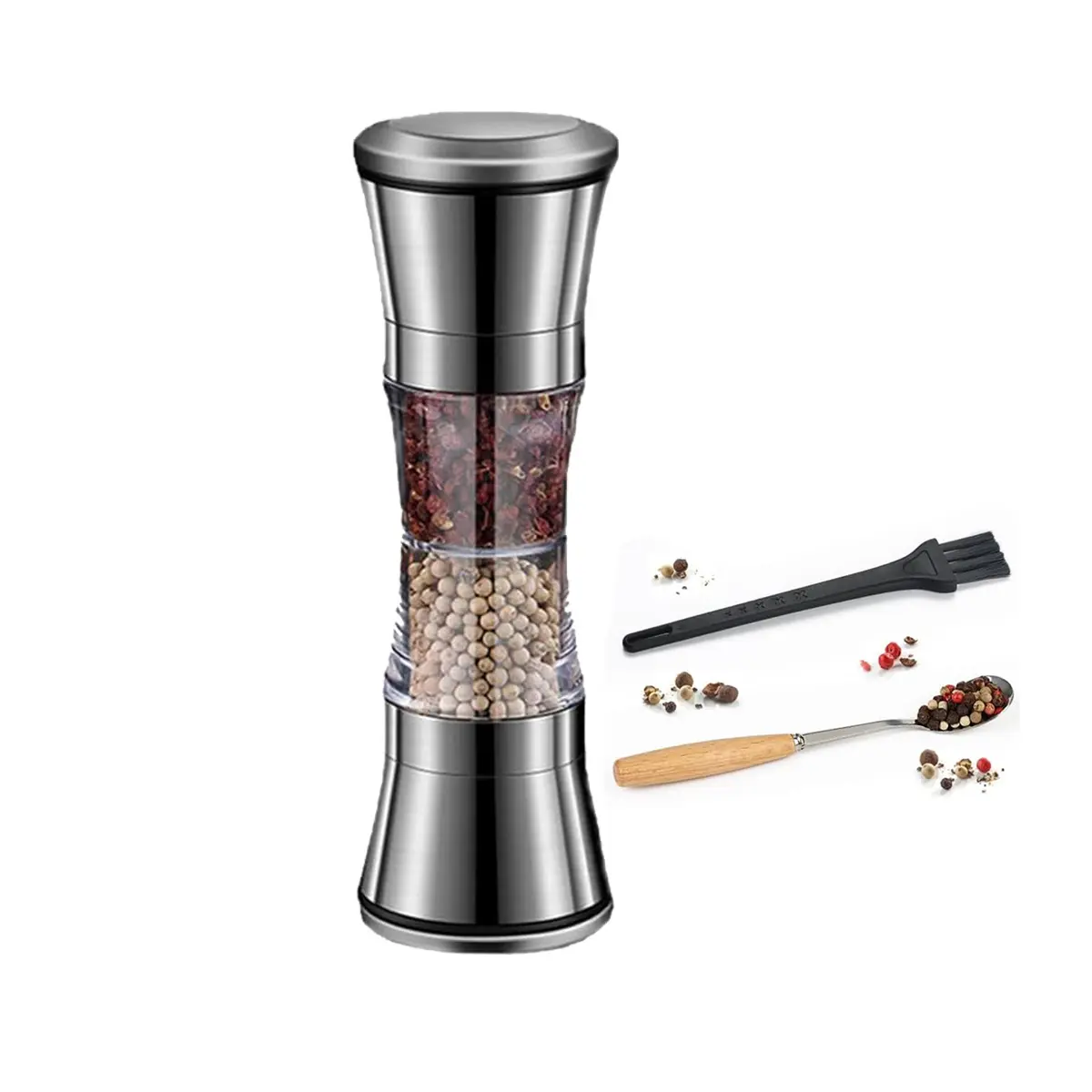 Kitchen Accessories Household Condiment Tool Stainless Steel Top Lid 2 in 1 Manual Glass Grinder Herb Pepper Grinder