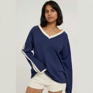 Oneten Women Navy Blue <b>V</b> <b>Neck</b> <b>Long</b> <b>Sleeve</b> Drop Shoulder Jersey <b>Top</b> With Number 08 - Product Image 1