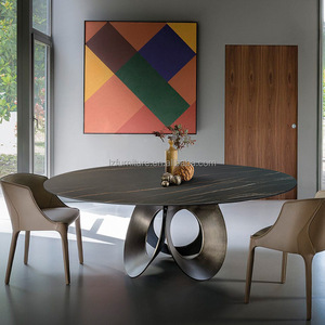 Table à manger ronde moderne en pierre frittée avec plateau en marbre noir Lazy Susan, base en métal, 6-8 places, mobilier de restaurant de luxe - Product Image 3