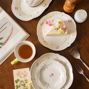 Custom High Quality Stoneware Floral Dishwasher Safe <b>Dinner</b> Plate Bowl Mug Embossed Pattern Nordic <b>White</b> Dinnerware <b>Sets</b> Ceramic - Product Image 4