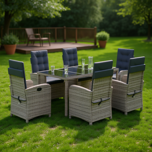 Set da Pranzo da Giardino in Rattan Grigio per 6 Persone, Resistente alle Intemperie, Arredamento da Esterno in Stile Contemporaneo - Product Image 2