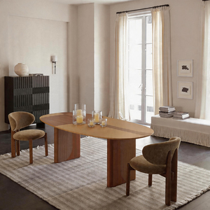 Mesa de Comedor Ovalada de Madera de Mediados de Siglo, Nogal y Chapa de Madera Clara, Panel de MDF con Conector de Hierro Sólido, Muebles para Comedor - Product Image 1