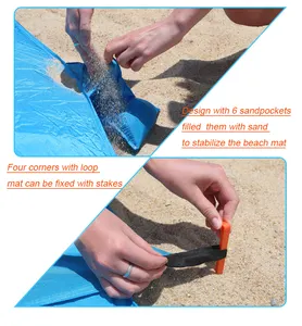 حصيرة شاطئ كبيرة جدا خالية من الرمال ومضادة للماء ومريحة خفيفة الوزن من النايلون حصيرة شاطئ مع الدعائم