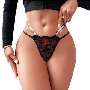 Alluring Black Sheer Mesh Lip Print Rhinestone Waistband Low Rise Seductive European Style <strong>V</strong> <strong>String</strong> Women Intimate Thong Panties - Product Image 5