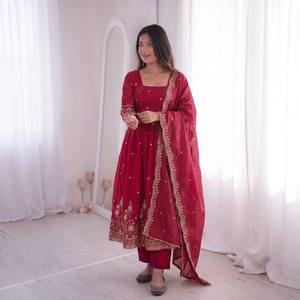 Red Embroidered Anarkali <b>Suit</b> With Dupatta Traditional Indian Pakistani <b>Women</b> Loose Fit Floor Length Silk <b>Wedding</b> Wear - Product Image 1