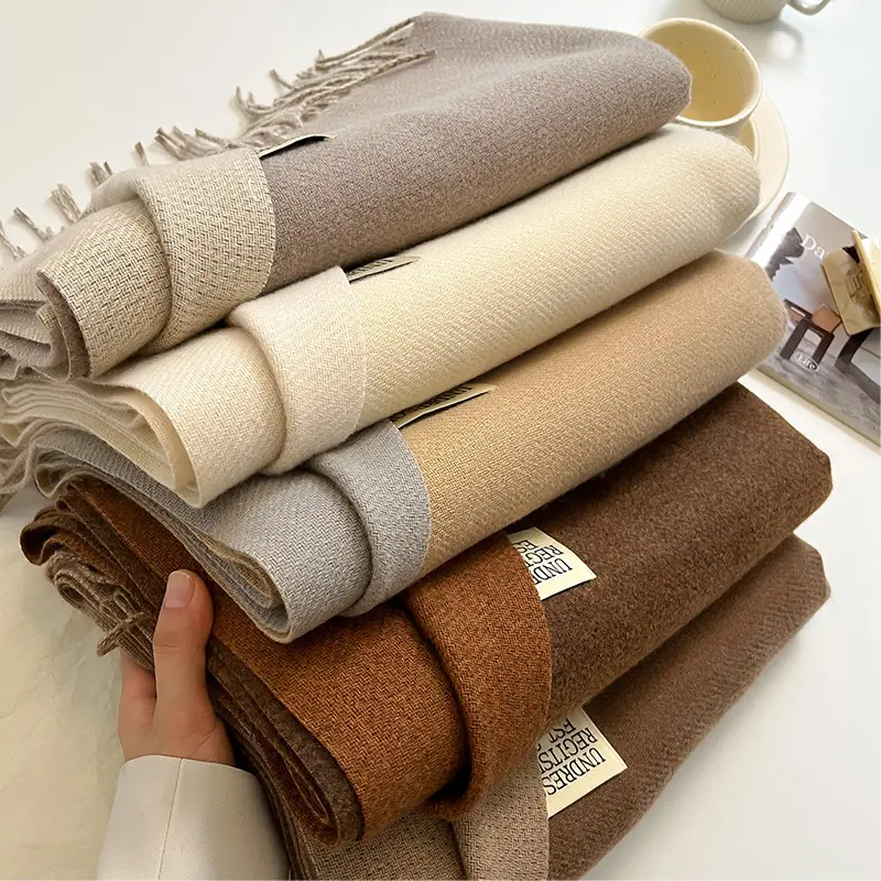 2024 Winter Warm Long Double Side Pure Color Shawl Women Winter 100% Cashmere Feeling Scarf With Tassel 330 grams