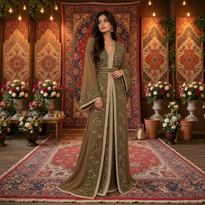 Mishkat Couture Elegant Timeless Plum <b>Velvet</b> Moroccan Caftan Intricate Hand Embroidery V Neck <b>Long</b> <b>Sleeve</b> Breathable <b>Maxi</b> <b>Dress</b> - Product Image 6