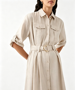 Robe chemise midi élégante beige <span class=keywords><strong>sable</strong></span> pour femme, tenue de travail décontractée pour le bureau, personnalisable avec logo, couleur et taille, broderie - Product Image 1