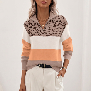 Suéter de Punto con Cierre y Cuello en V para Mujer, Estampado de Leopardo, Transpirable, de Lana/Viscosa, Estilo Casual, Bloques de Color, Manga Larga, para Otoño - Product Image 5