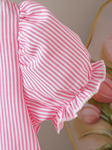 Girl and White Striped <b>Bubble</b> Sleeve <b>Top</b> Paired With 3D Floral Design Shorts Girl Clothes - Product Image 5