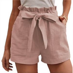 Pantalones Cortos de Lino Tejido Ecológico, Transpirables, de Cintura Alta Elástica, Color Sólido, Diseño Nuevo, Casuales, para Mujer - Product Image 3