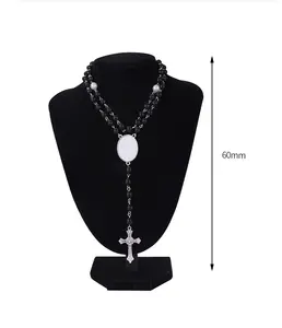 6MM Glass Pearl Customized Religious Jewelry Sublimation Printing Picture Photo Jesus Cross Pendant Rosary Beads Y Necklace