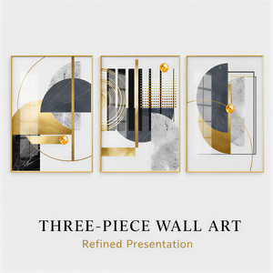 Triptyque mural géométrique en fer et aluminium noir, blanc et or avec motifs circulaires et éventails pour <span class=keywords><strong>salon</strong></span>, bureau, hôtel, <span class=keywords><strong>décoration</strong></span> moderne - Product Image 2