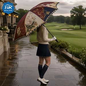 Parapluie de golf de grande taille, style vintage européen, motif petite marguerite, en pongée 260T, avec armature en fibre de verre, pour la protection solaire. - Product Image 3