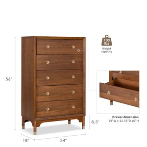 Cómoda Alta Contemporánea de Madera con Cinco Cajones, Acabado en Nogal y Patas con Detalles Dorados (1 Pieza) - Product Image 4