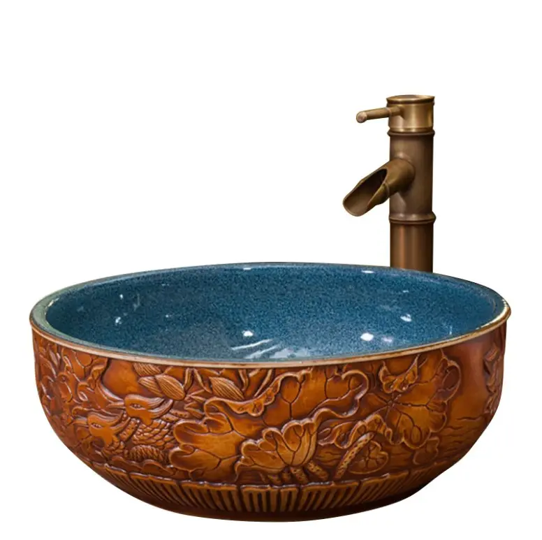 Antico di lusso rotondo marrone scultura uccelli di design in ceramica lavaggio a mano e la faccia del bacino per il bagno