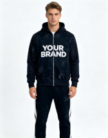 Ensemble de survêtement personnalisé avec sweat à capuche zippé et strass effet délavé, coupe ample, streetwear hiver, tenue de jogging, vêtements OEM sous marque privée