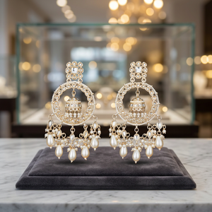 Pendientes Jhumki de Latón con Imitación de Perla y Topacio, Estilo Clásico, Elegante y Moderno, con Baño de Oro, 110077 en Color Blanco, Regalo de Boda - Product Image 2