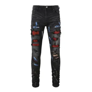 8616 Wholesale Drop Ship Men Ripped Rhinestone Designer Splash Spatter Painted Slim Denim Jean Pant