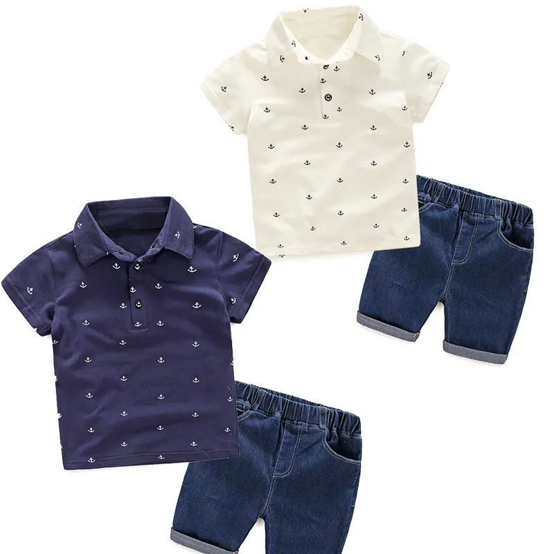 wholesale cotton summer fashion baby boy Short-sleeved T-shirt and jeans suit kids clothing sets 8 years clothes