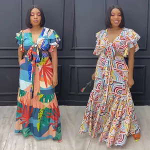 Women Two Piece Sets Outfit New Fashion 2024 Summer Tie Up Shirt Top Print Pockets Long Maxi Skirt Sets