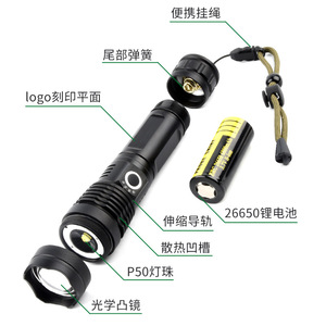 Linterna recargable retráctil de aleación de aluminio Xhp50 con indicador de batería, carga USB, luz LED de alta potencia, color blanco - Product Image 1