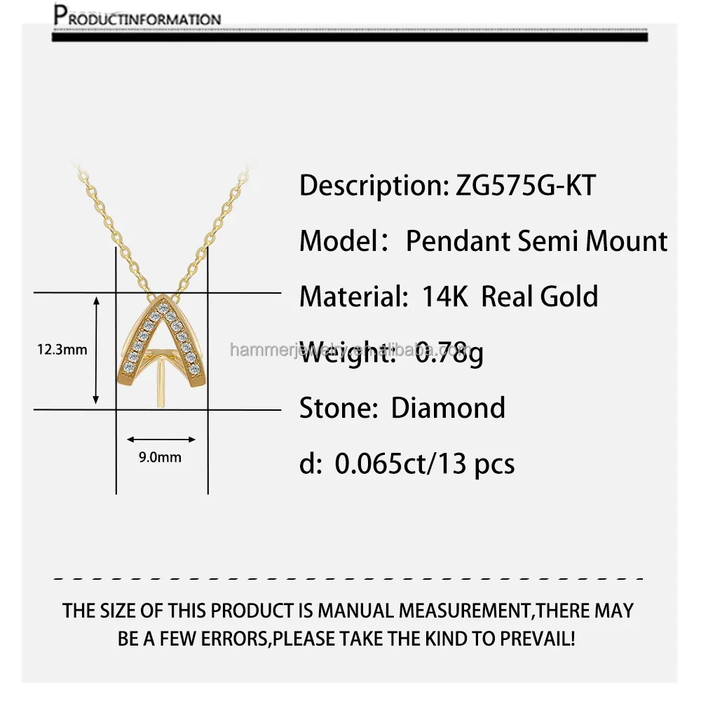 Alta calidad Au585 14K 14ct oro Real diamante joyería hallazgos perla colgante collar Semi montaje DIY Base ajuste