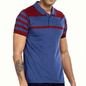 เสื้อโปโลแขนสั้นผู้ชายลายทางสีน้ำเงินแดง ดีไซน์ตัดต่อสีสันลำลอง - Product Image 2