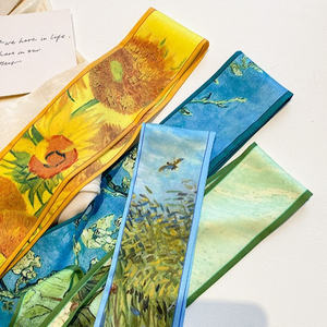 Pañuelo largo <span class=keywords><strong>de</strong></span> satén con estampado <span class=keywords><strong>de</strong></span> rosas y girasoles estilo pintura al óleo, 90 cm, para mujer, cinta decorativa artística para el cabello y la cintura del cuello - Product Image 3