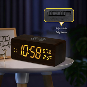 Reloj de Mesa de Madera con Carga Inalámbrica Rápida para Decoración del Hogar, con Doble <span class=keywords><strong>Alarma</strong></span>, Volumen Ajustable, Brillo, Temperatura y Humedad - Product Image 6