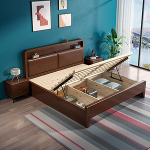 Nordic Style Modern Minimalist Double Bed With Lighted Headboard Storage Pine Wood Bedroom Furniture For Master Bedroom - Product Image 3