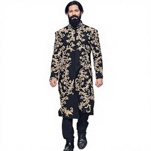 Conjunto de pantalón y estola Sherwani negro con bordado Zardozi a mano, elegante atuendo para bodas y fiestas para hombres. - Product Image 3