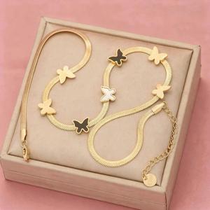 Nouveau Collier, Boucles d'oreilles et Bracelet Papillon en Acier Inoxydable Noir et Blanc à Chaîne Plate – Bijoux Tendance - Product Image 2