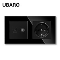 Enchufe de Pared de Doble Puerto, Estándar Europeo, Bajo Voltaje, con Panel de Vidrio Templado, 16A, PC, Bronce de Estaño-Fósforo