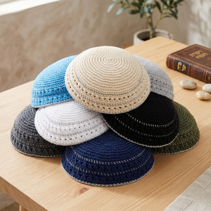 Kippa/Yamulka tricotée à la main en coton 100% de 20 cm, grande taille, pour hommes et enfants, haute qualité, bleu marine et argent, bonnet au crochet personnalisé - Product Image 2