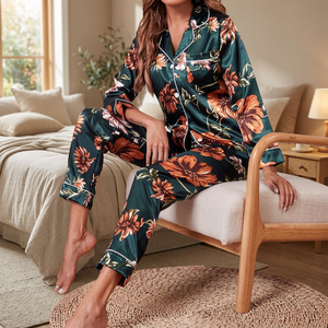 Robe de nuit longue en satin vert pour femme, confortable, imprimé floral, manches longues, col rabattu, idéale pour l'été - Product Image 3