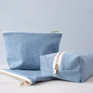 Petit sac à cosmétiques en denim bleu, pochette à fermeture éclair pour cosmétiques, ensemble de sacs à cosmétiques en denim léger