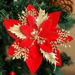 LINGKAI Fiori Artificiali Poinsettia Rossi Glitterati con Polvere Dorata per Decorazioni Natalizie, Alberi e Ghirlande - Product Image 2