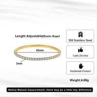 Gelang Tenis Elastis Bahan Stainless Steel 304 Berlapis Emas dengan Satu Baris Zirkonia Kubik, Dapat Disesuaikan, Tahan Air
