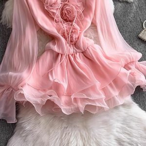 <span class=keywords><strong>Chic</strong></span> doux dames robe fleur à volants col en V robe Sexy femmes <span class=keywords><strong>fantaisie</strong></span> robe courte rose - Product Image 4