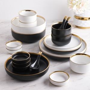Service de table en céramique de luxe avec incrustations dorées, assiettes à salade, vaisselle pour dîner, bols pour mariage, restaurant - Product Image 3