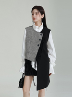 Damen Nischen-Design Vintage-Posing-Stil Karierte Farbblockierung Asymmetrische Lange Ärmellose Mehrlagige Westenjacke