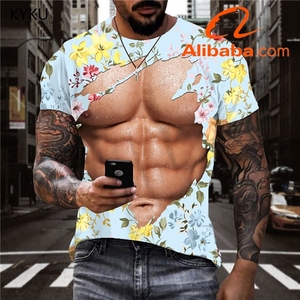 メンズマッスルTシャツメンズ腹部マッスルシャツプリントフラワーTシャツ3D原宿Tシャツプリント半袖スポーツウェア - Product Image 1