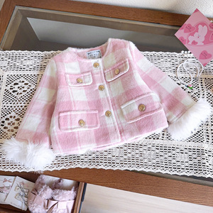 Ensemble Luxe Hiver Veste-Jupe Rose Uni pour Filles, Costume en Coton à Carreaux avec Fourrure, Style Décontracté, Nouvelle Marque Vêtements pour Filles - Product Image 5