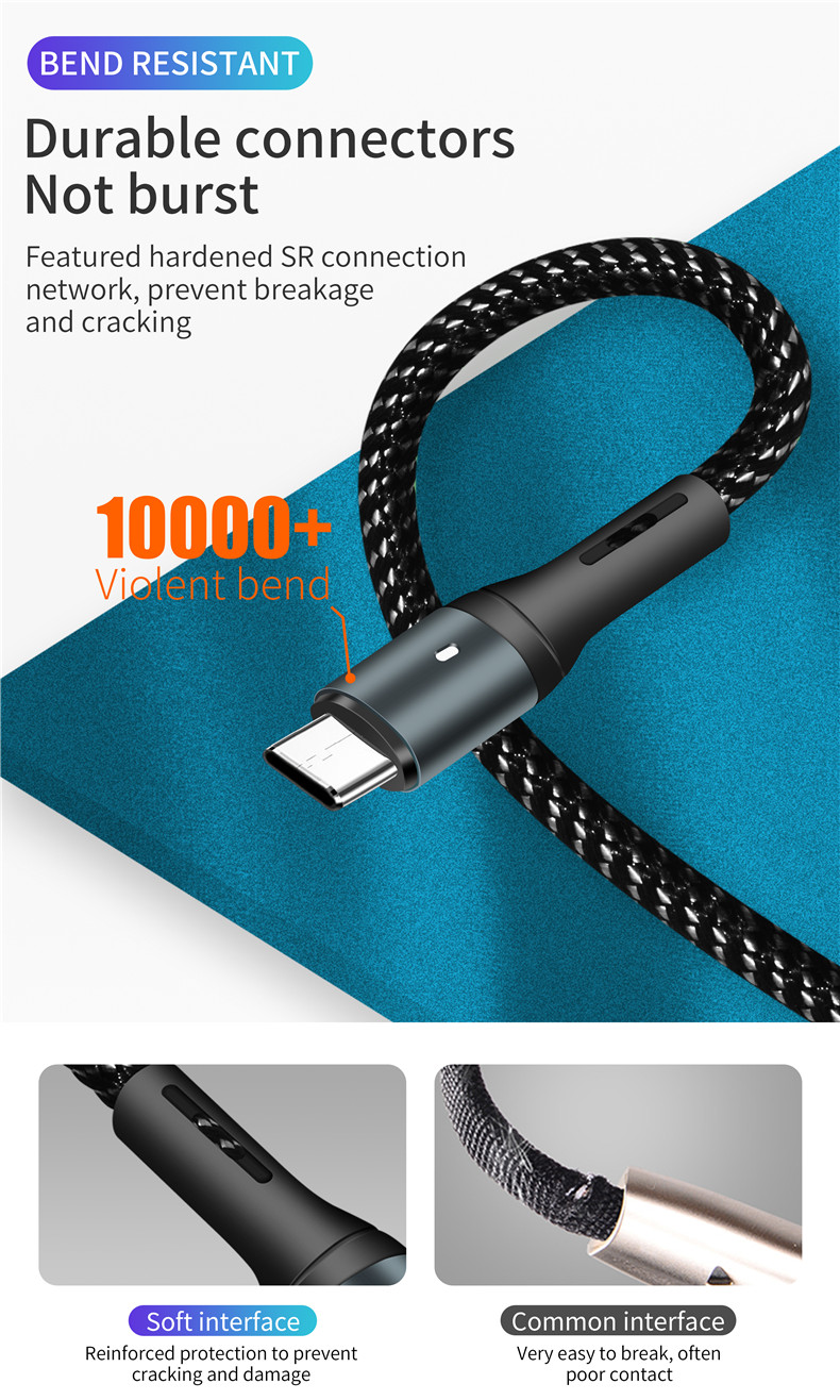 ICEBINGO 2020 new arrival QC3.0 Fast charging Smart power off breathing light data cable Mirco  type C charging cable for iPhone