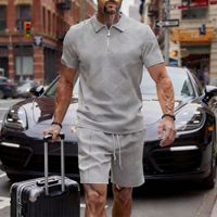 Ensemble de survêtement 2 pièces pour homme : Polo texturé à manches courtes et col quart zippé coupe classique et short à cordon de serrage – Prix usine